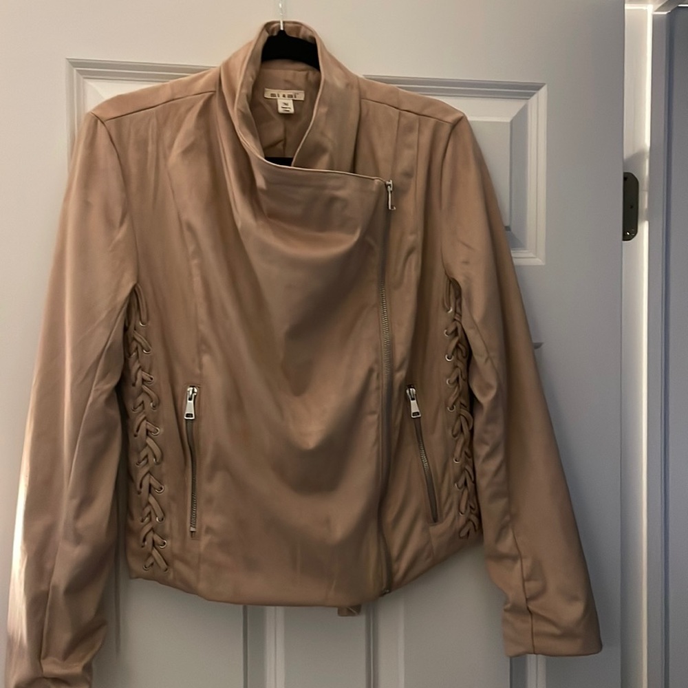 Miami Blush, suede like fabric, side braids, crossover zipper, Size M